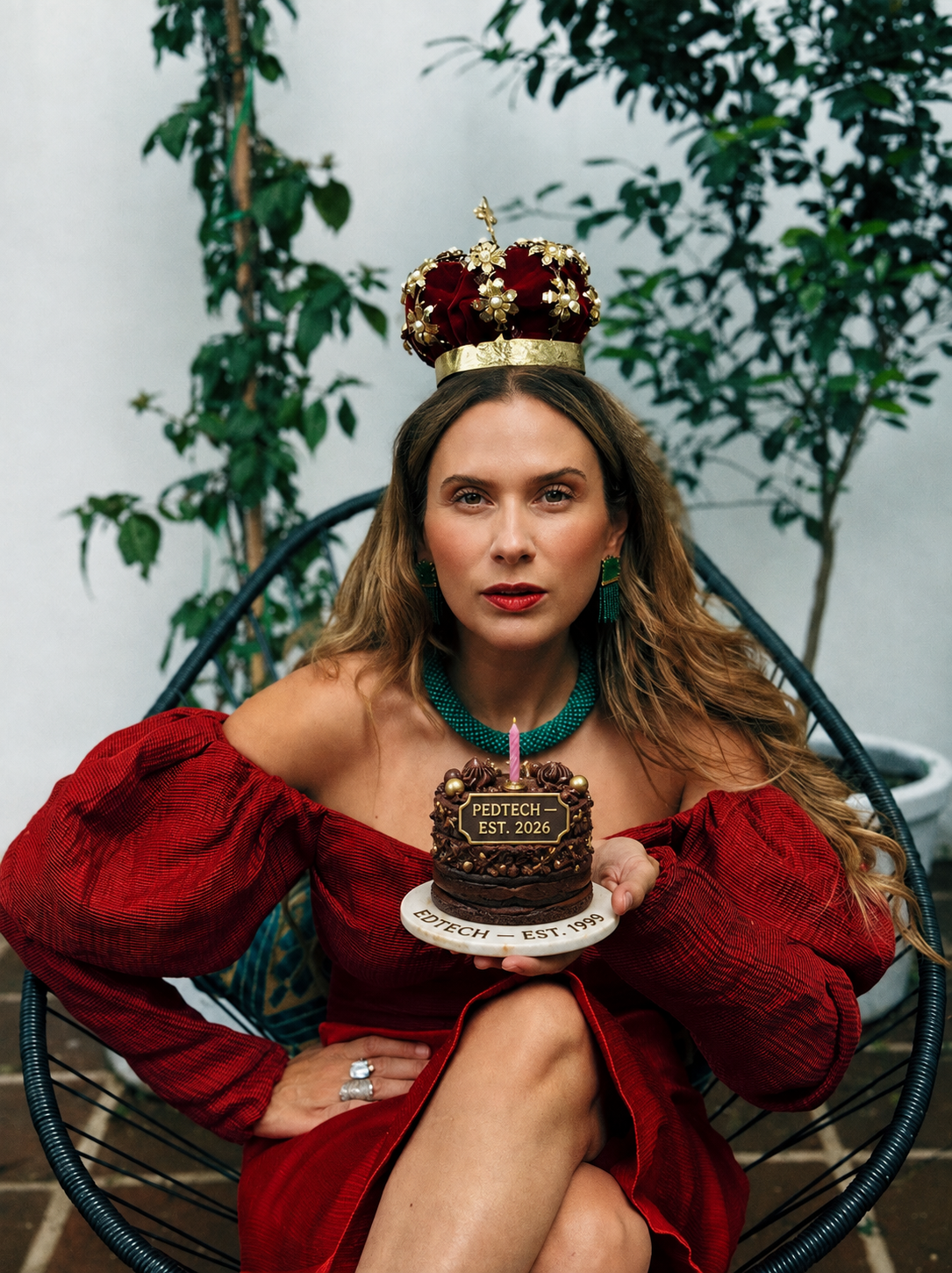 Sahra-Josephine Hjorth wearing a crown, holding a chocolate cake reading PedTech est. 2026 on a plate reading Edtech est. 1999