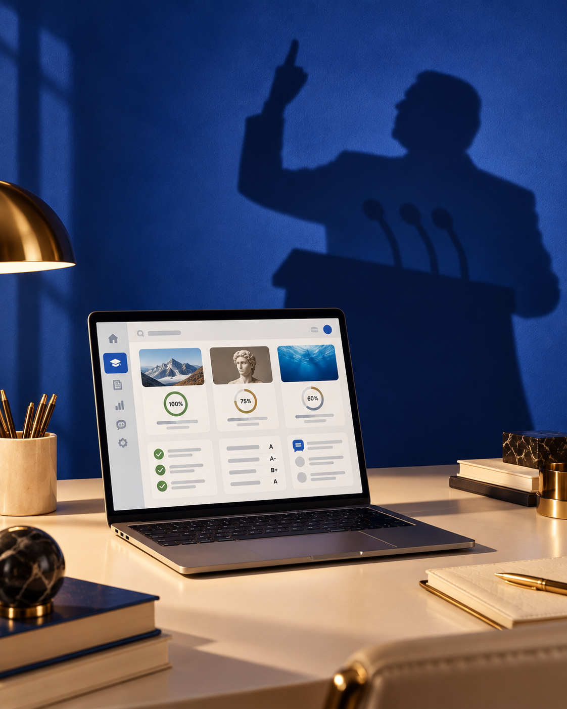 A laptop on a desk displays a learning software dashboard; behind it, a shadow on a blue wall shows a person gesturing at a lectern