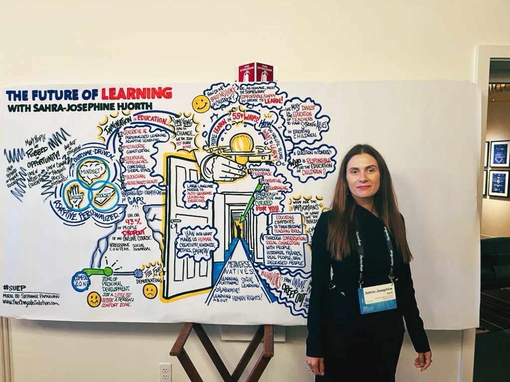 Sahra-Josephine beside a Future of Learning illustrated mural