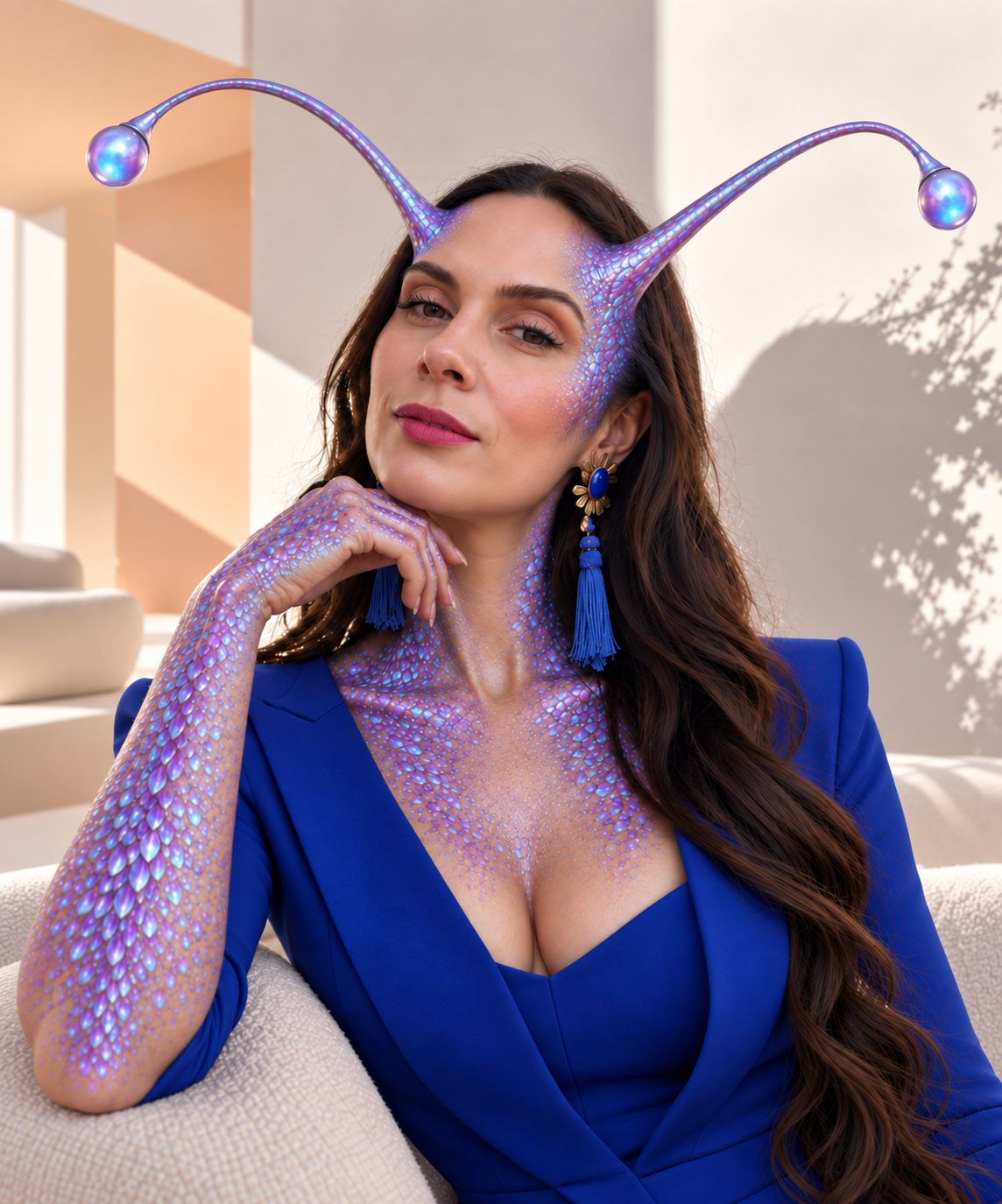 Sahra-Josephine Hjorth in a blue suit with iridescent alien antennae and scales, seated in a bright interior